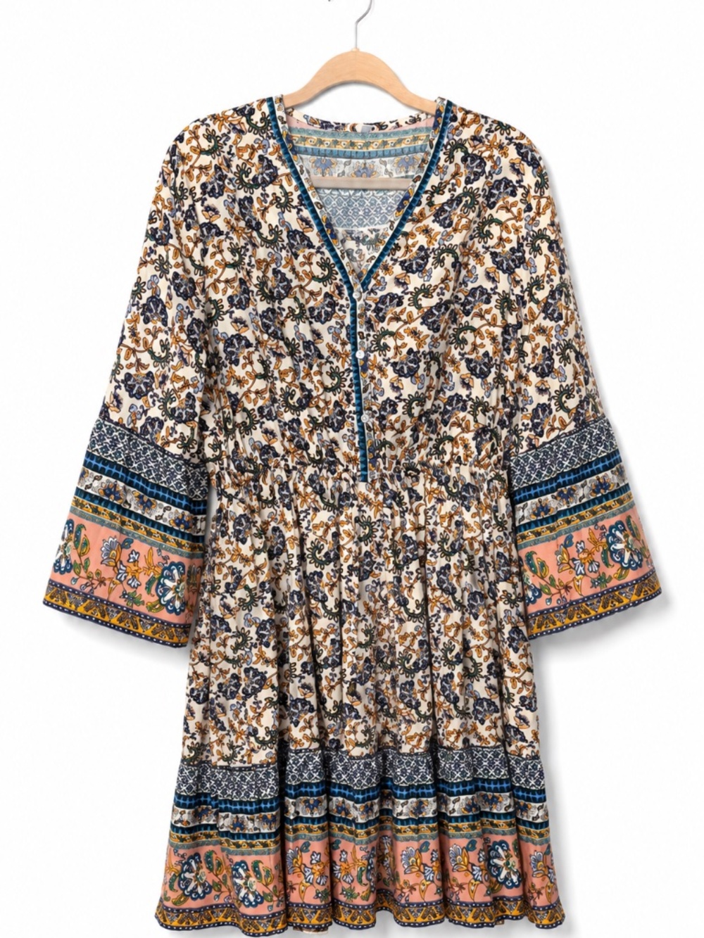 ⁠Boho Floral Cotton Knee Length Dress Bell Sleeve V-Neck